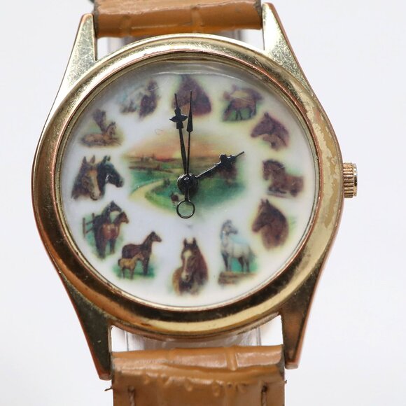 Vintage Ruane Manning Horse Watch Equestrian Gold Tone Faux Leather Band Quartz - Picture 3 of 11